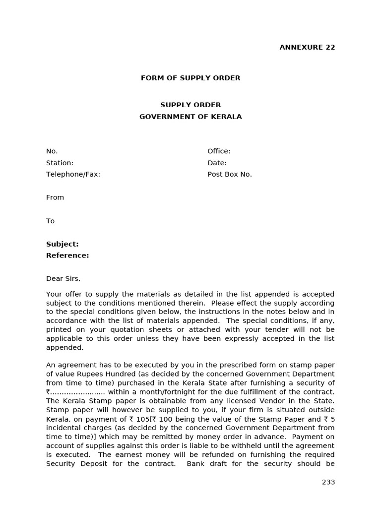 Kerala Government Supply Order Format | PDF | Receipt | Postage Stamp