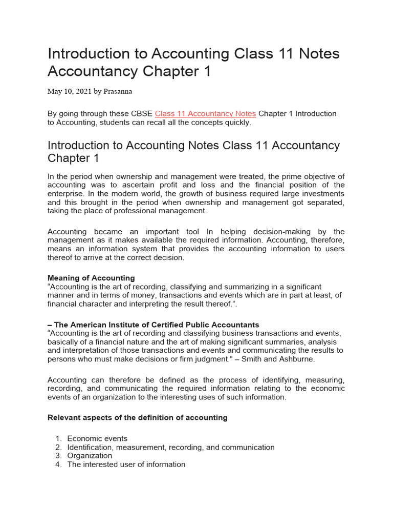 Introduction To Accounting Class 11 Notes Accountancy Chapter 1 PDF