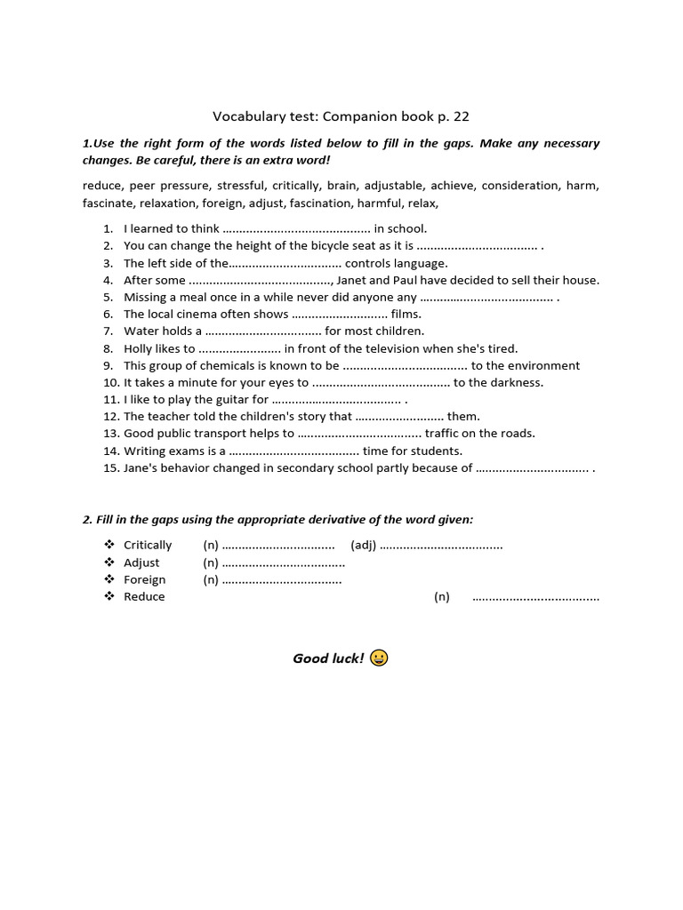 B2 Vocabulary Test Exercises | PDF