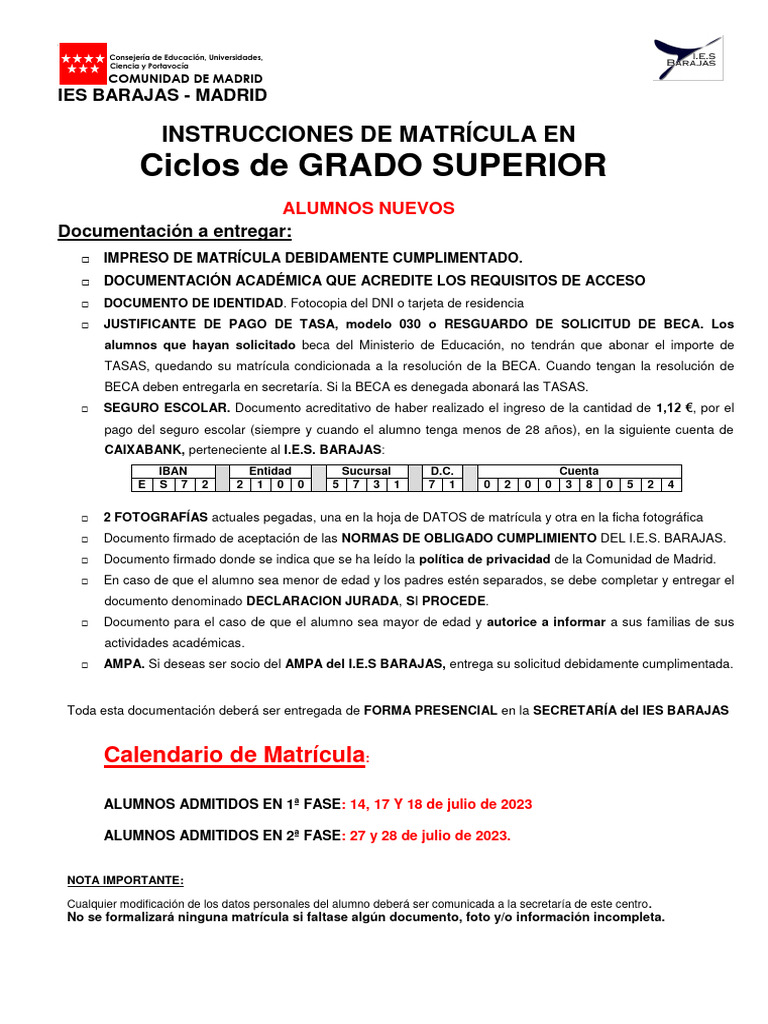 Instrucciones De Matr cula Grado Superior IES Barajas PDF