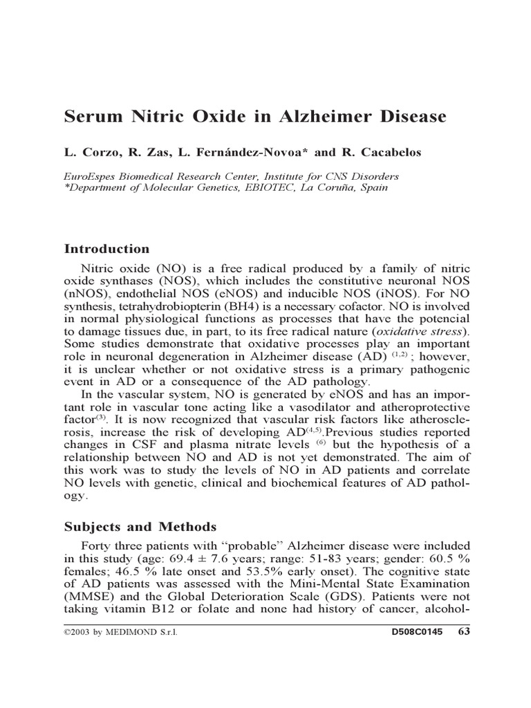 Serum Nitric Oxide in Alzheimer Disease PDF Nitric Oxide Synthase