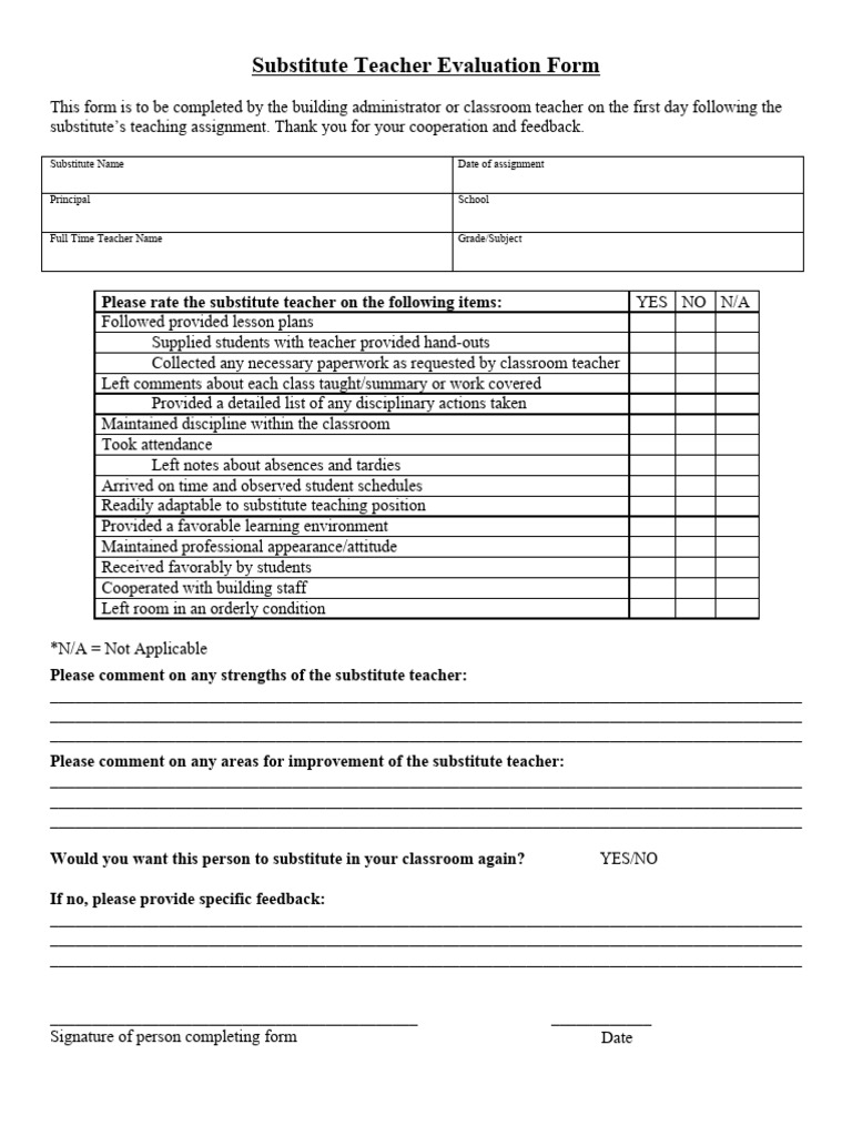 Substitute Teacher Evaluation Form | PDF | Teachers | Classroom