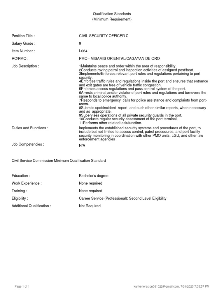 Qualification standards pdf security guard police