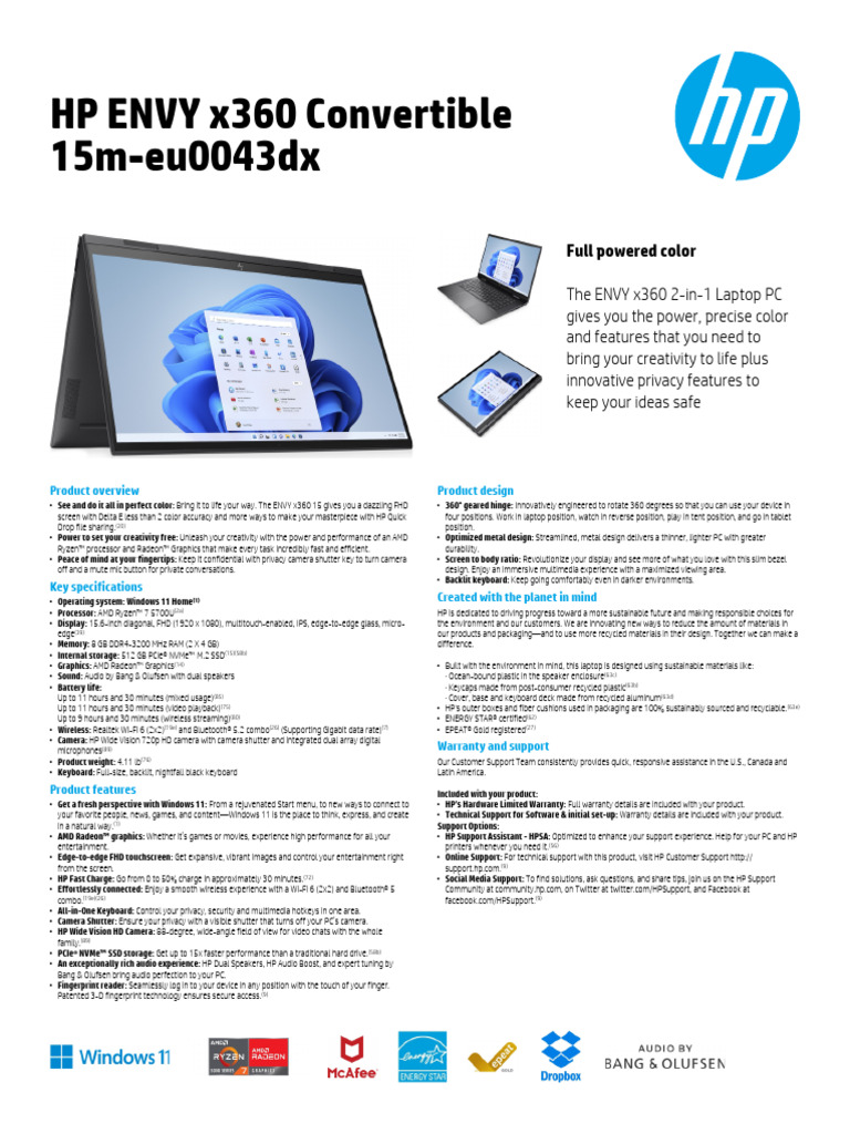 HP Envy x360 Convertible 15m-Eu0043dx Overview | PDF | Usb | Wi Fi