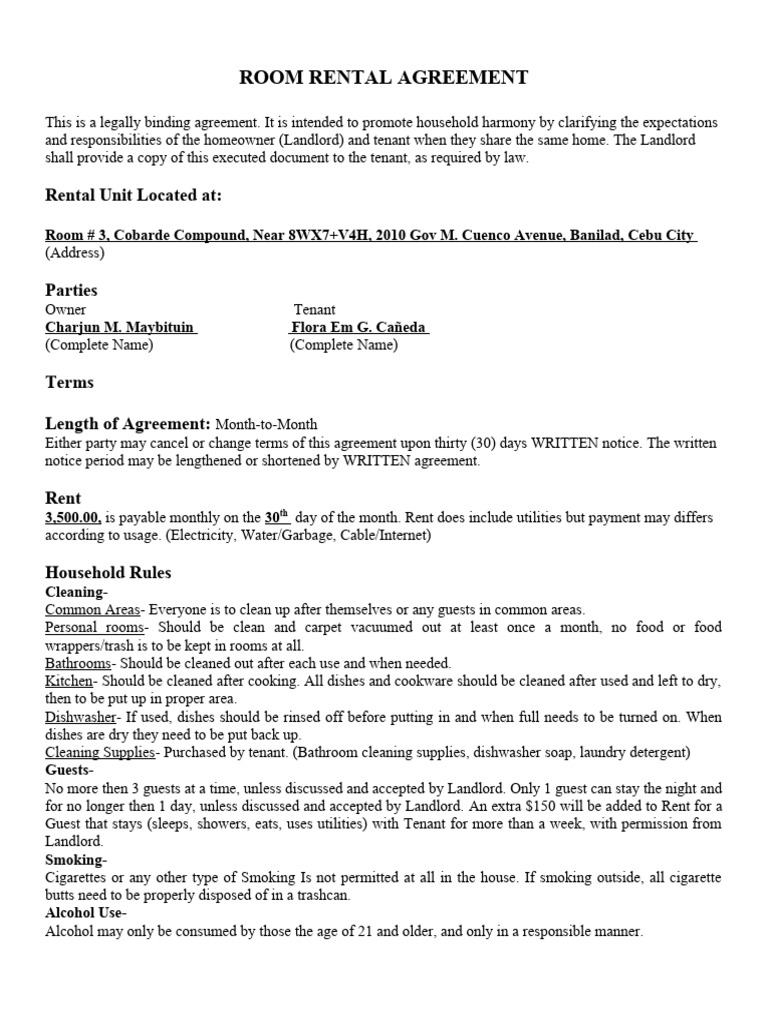 Room Rental Agreement Template Philippines | PDF | Landlord | Leasehold ...