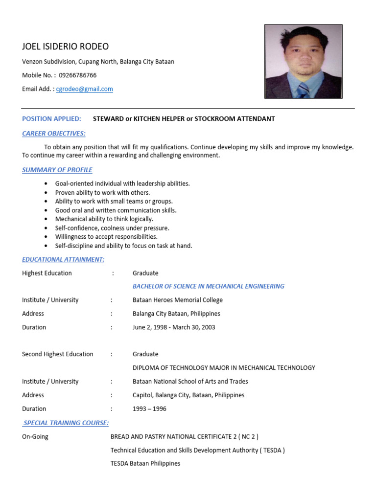 Joel Isiderio Rodeo Resume Summary | PDF | Housekeeping | Numerical Control