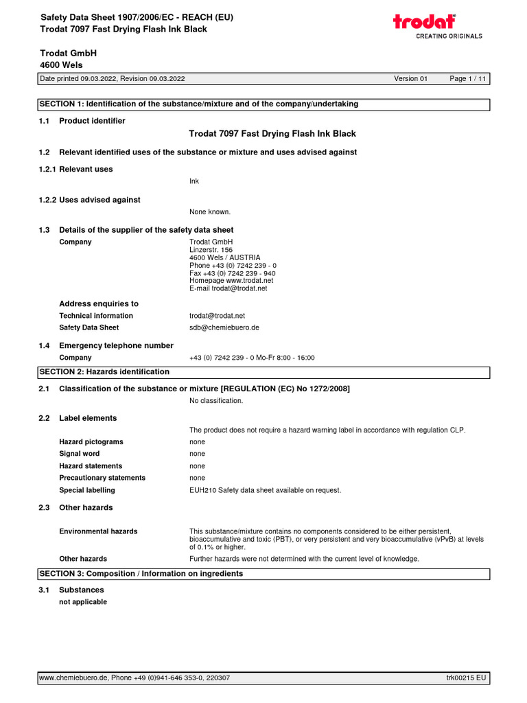 Trodat 7097 Flash Ink Safety Data Sheet | PDF | Toxicity | Personal ...