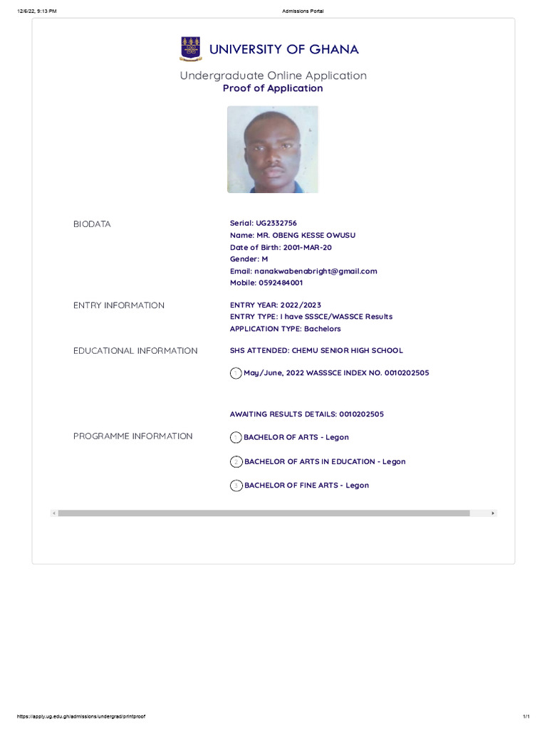 UG Admissions Proof for Mr. Owusu | PDF