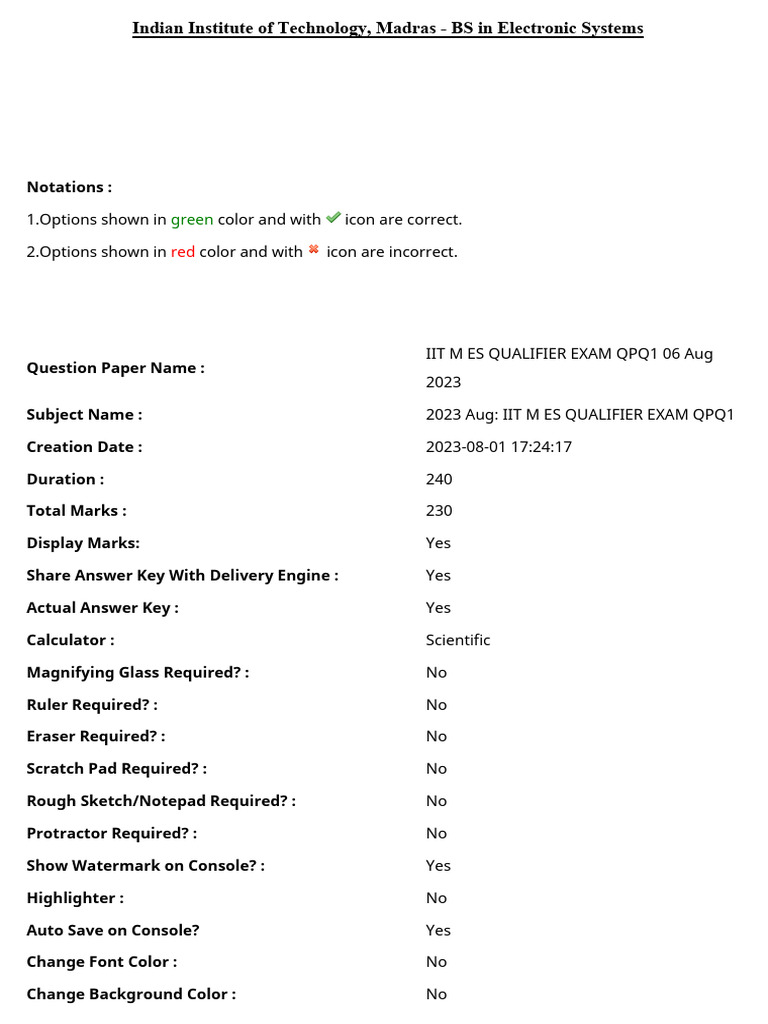 IIT M ES QUALIFIER EXAM QPQ1 06 Aug 2023 PDF Electrical Network