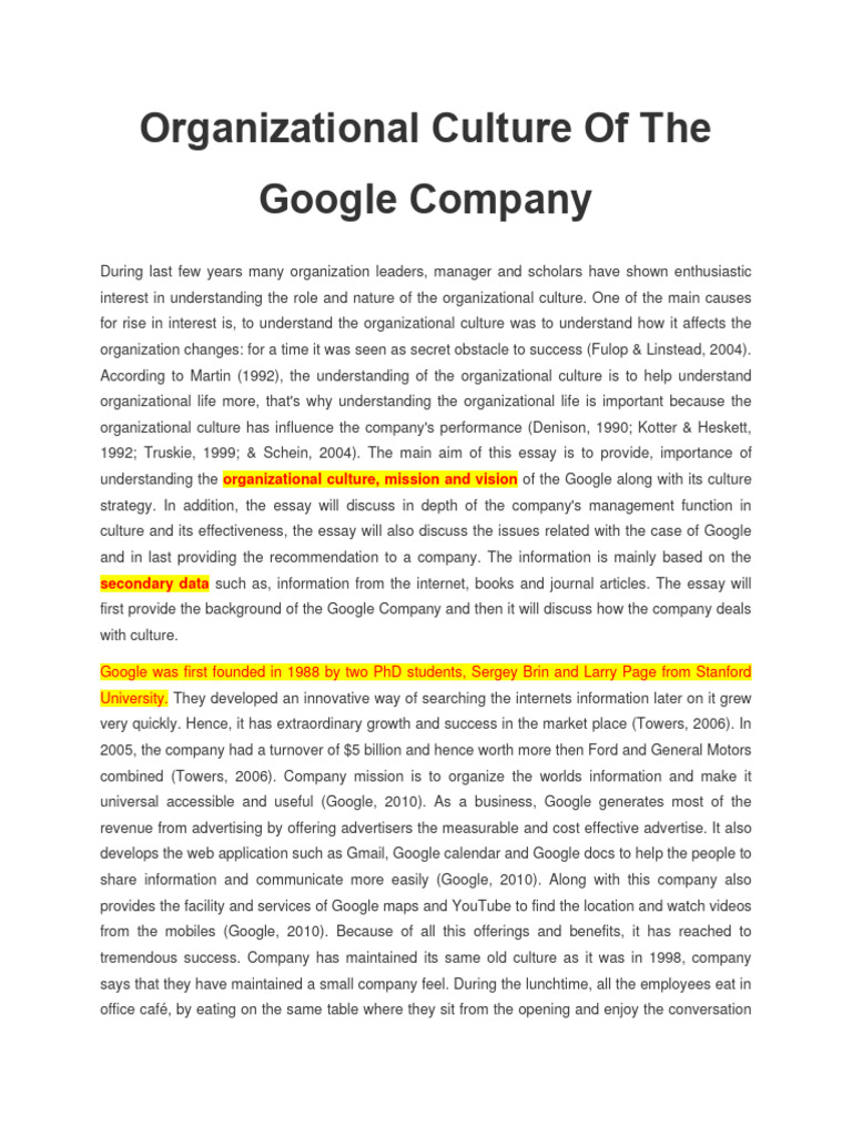 Organizational culture of the google company download free pdf