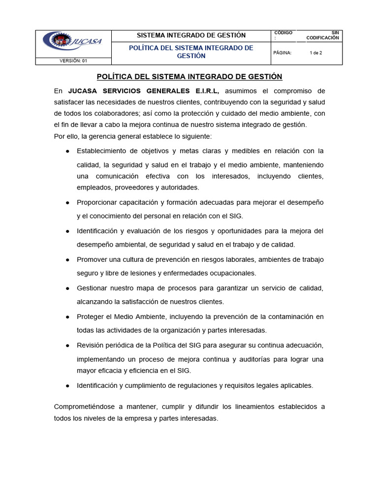 Política del Sistema Integrado de Gestión | PDF | Calidad (comercial ...