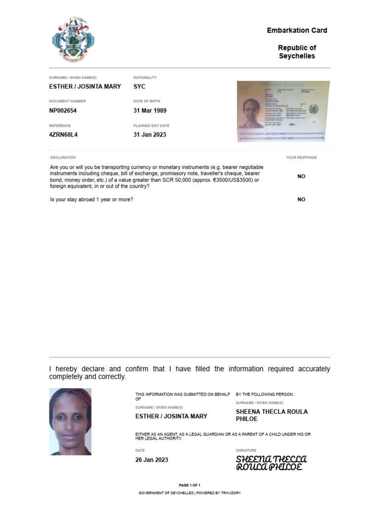 Seychelles Embarkation Card for Josinta | PDF | Negotiable Instrument ...