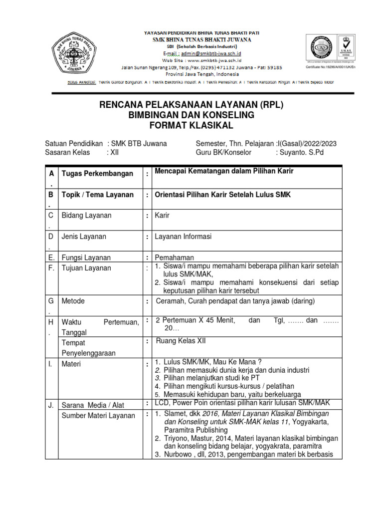 Rencana Pelaksanaan Layanan (RPL) Bimbingan Dan Konseling Format ...