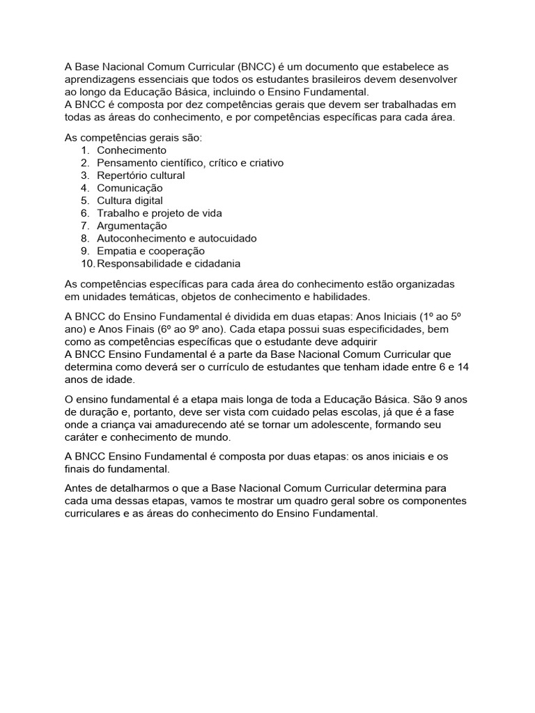 A Base Nacional Comum Curricular (BNCC) É Um Documento Que e | PDF