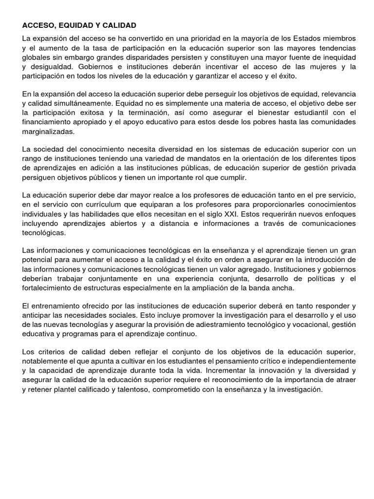 Equidad en el Acceso a la Educación Superior | PDF | Educación más alta ...