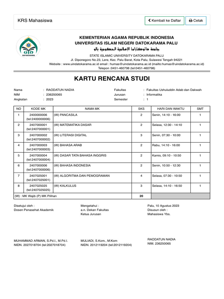 Kartu Rencana Studi Raodatun Nadia | PDF