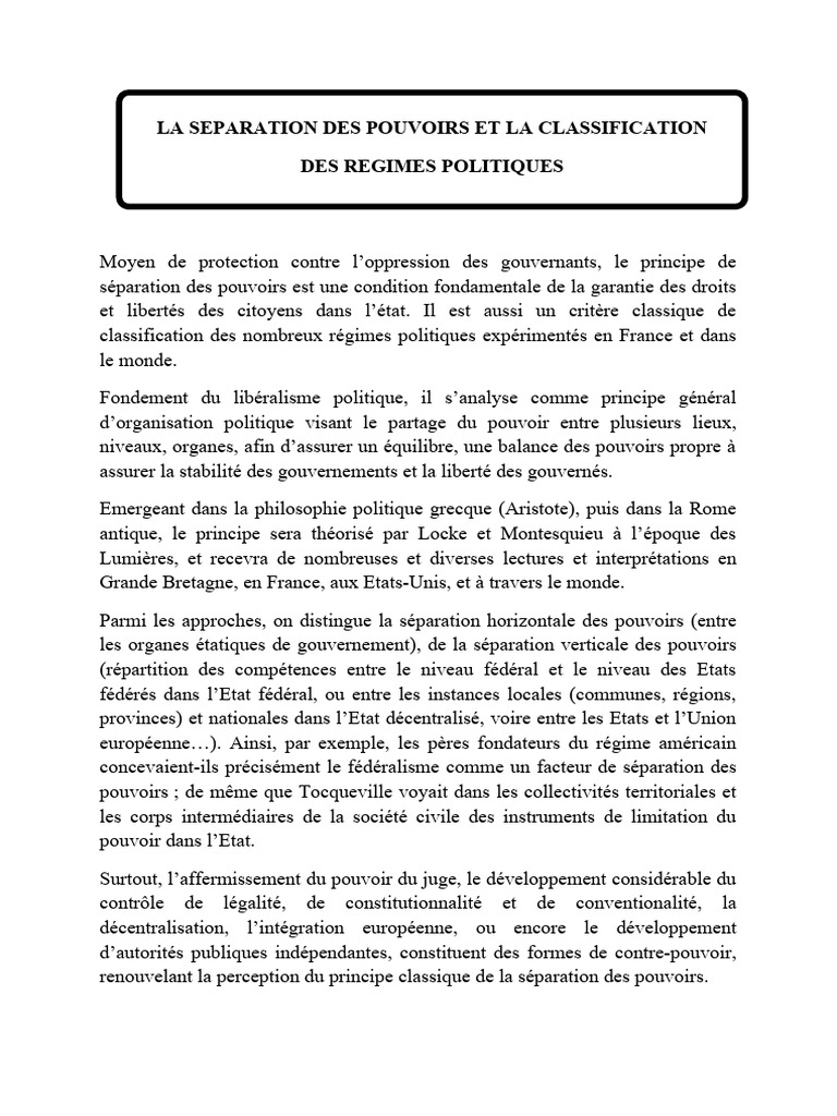 Séparation des pouvoirs et régimes politiques | PDF | Système ...