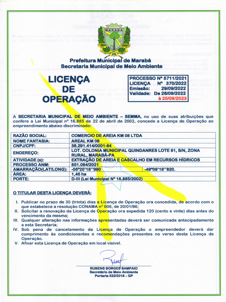 Licença de Operação Areal KM 08 Ate Mes9 23 | PDF