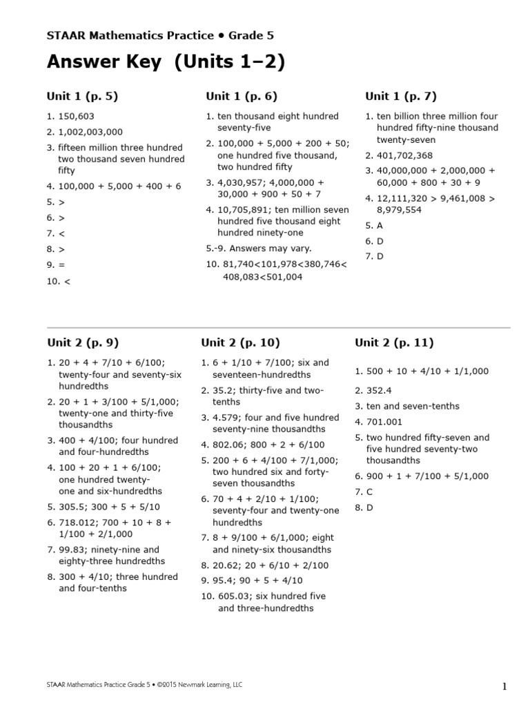 Newmark Learning STAAR Math Grade 5 Answer Key | Download Free PDF ...