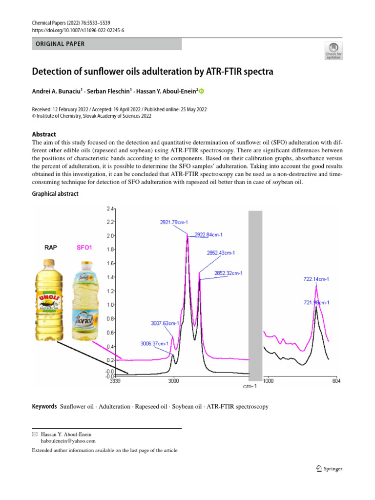 Detection of Sunflower Oils Adulteration by ATR FTIR Spectra PDF
