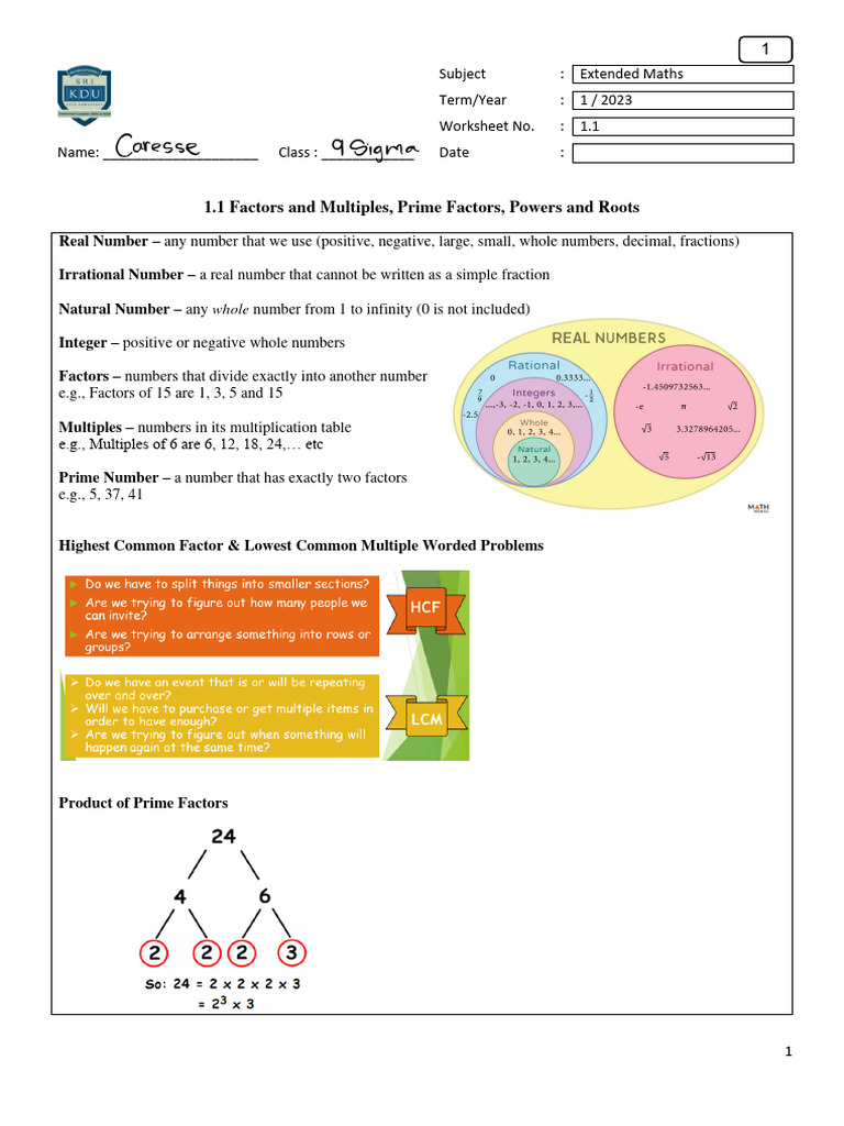 Factors, Multiples, Primes WS 1 | PDF | Numbers | Integer