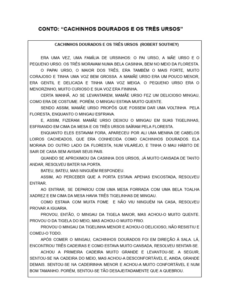 Conto Cachinhos Dourados E Os Três Ursos Download Grátis Pdf
