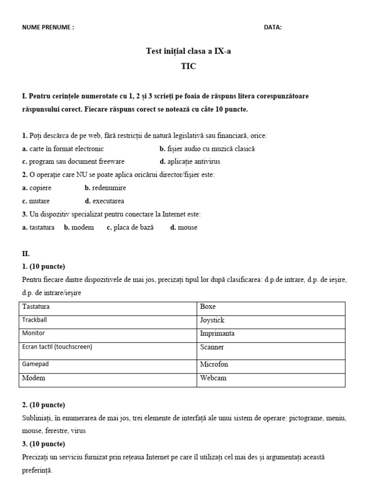 Test Inițial Clasa A IX-a TIC | PDF