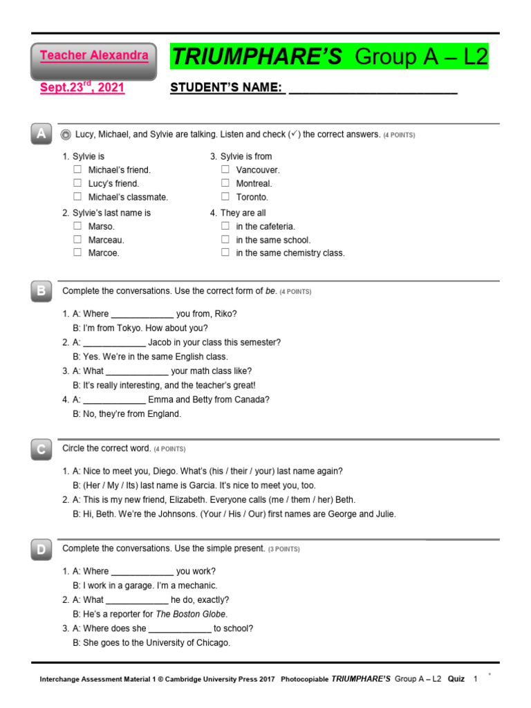 Interchange L2 Quiz Assessment Guide | PDF | Foreign Language Studies