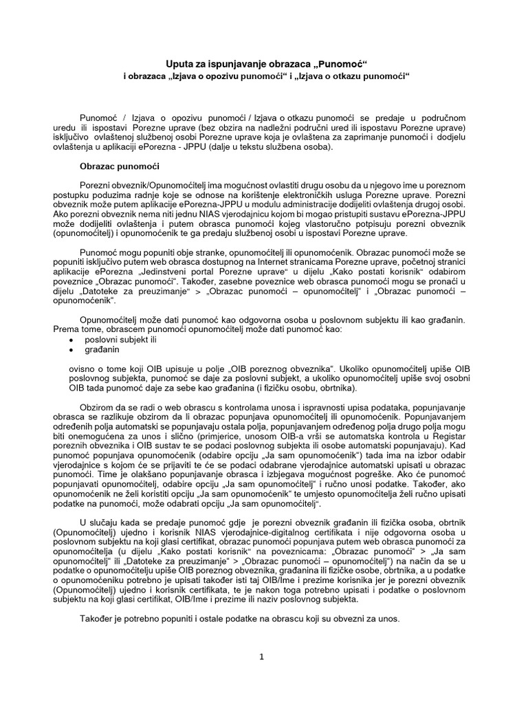 Uputa Za Ispunjavanje Obrazaca Punomoći - Opoziva - Otkaza | PDF