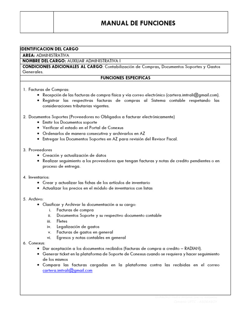 Manual de Funciones - Auxiliar Administrativo 1 | PDF