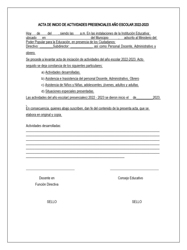 Acta de Inicio de Actividades Presenciales Año Escolar 2021 | PDF