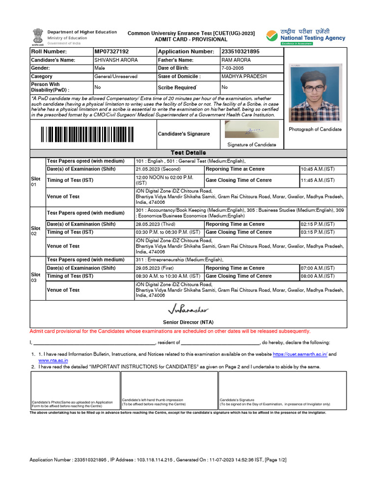 Cuet Admit Card PDF Identity Document
