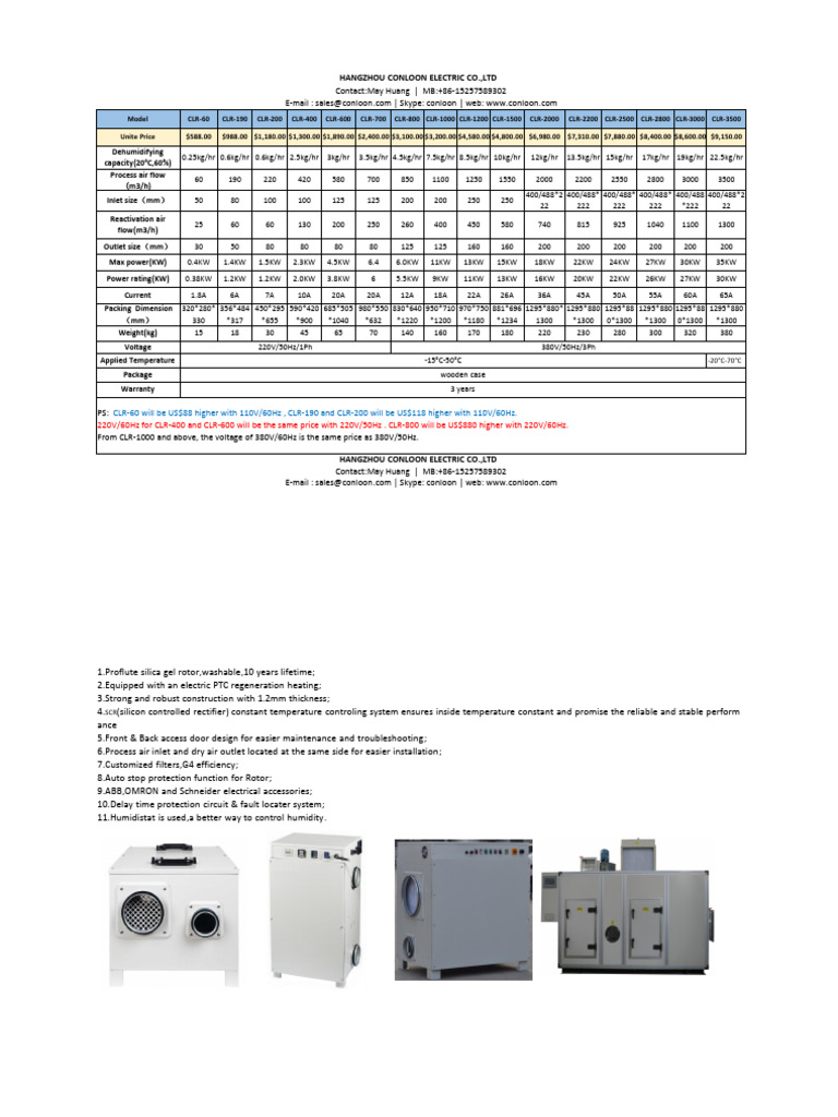 Desiccant Dehumidifier Price ListConloonMay PDF Electric Power