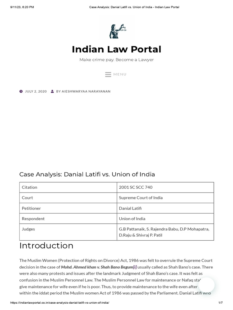 Case Analysis Danial Latifi Vs Union Of India Indian Law Portal 