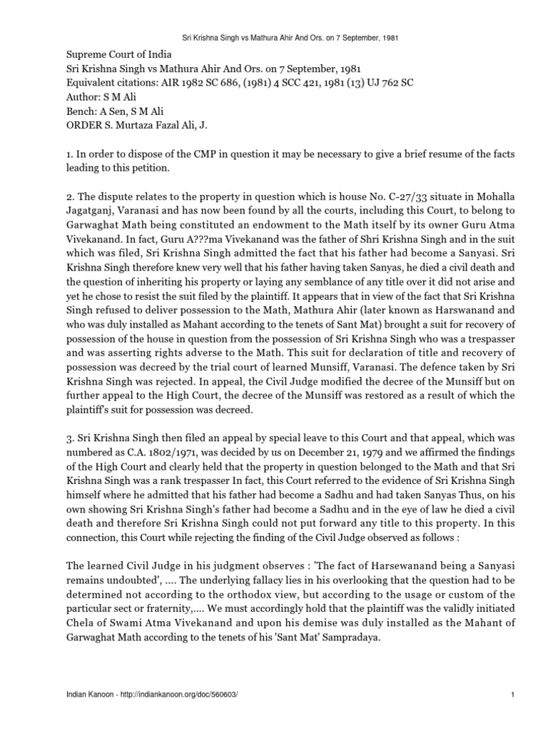 Sri Krishna Singh Vs Mathura Ahir and Ors. On 7 September, 1981 PDF