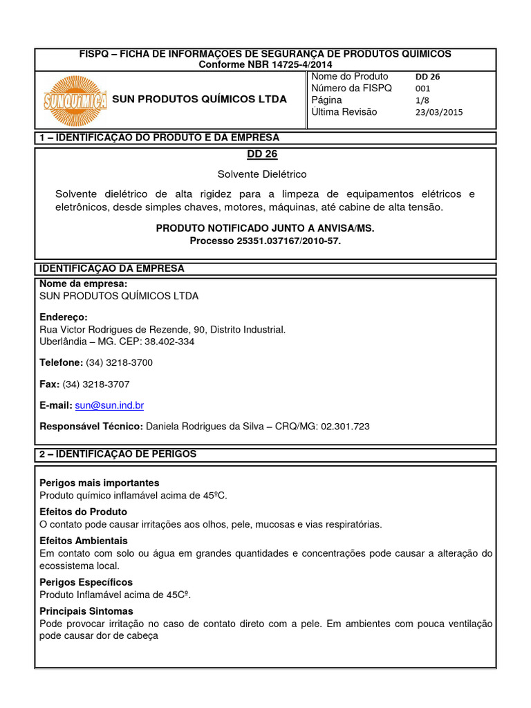 FISPQ do Solvente Dielétrico DD 26 | PDF | Química | Solvente