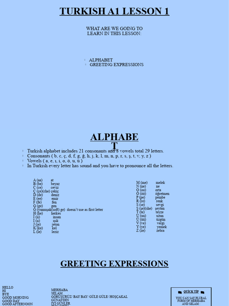 Turkish A1 Lesson 1 | PDF