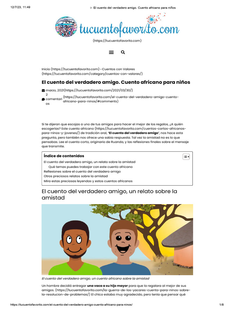 El Cuento Del Verdadero Amigo. Cuento Africano para Niños | PDF