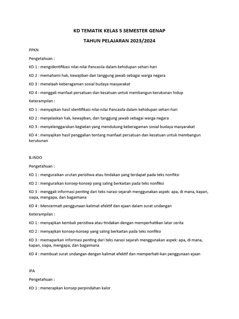 KD TEMATIK KELAS 5 SEMESTER GENAP  PDF