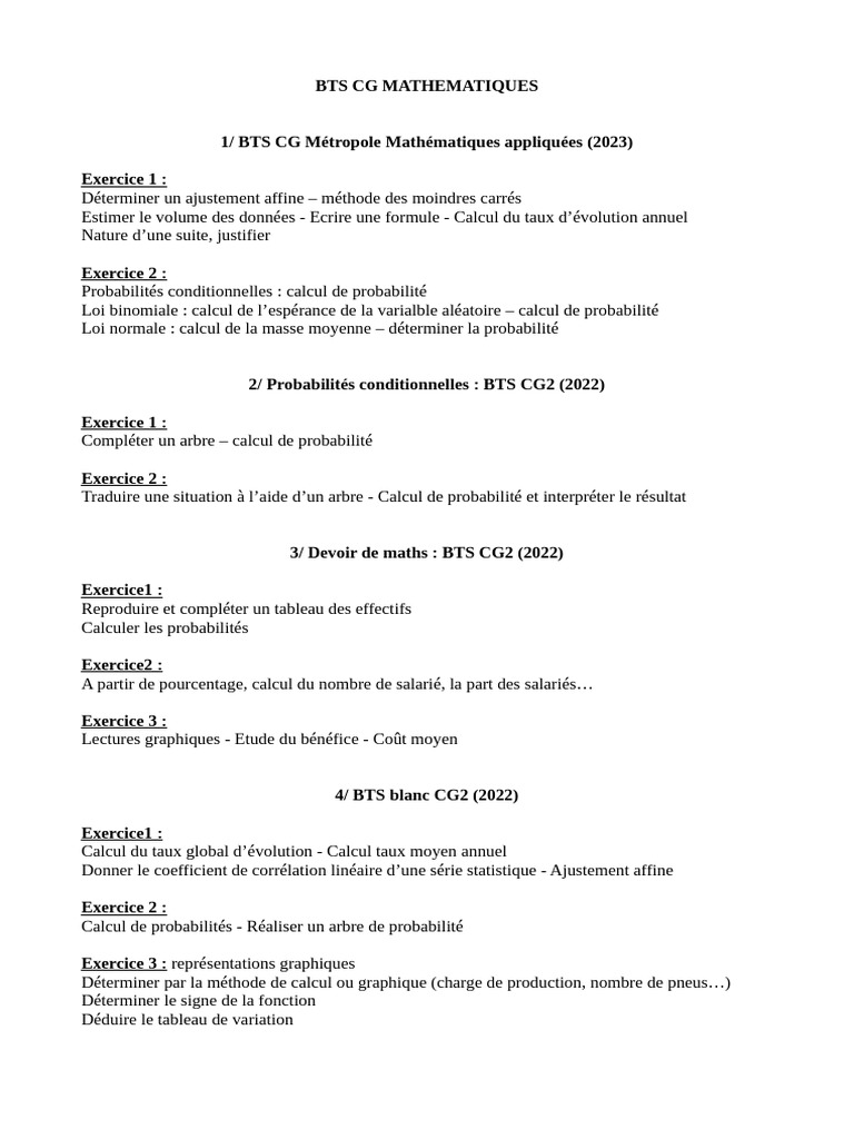 Mathématiques BTS CG : Exercices et Corrigés | PDF | Régression ...