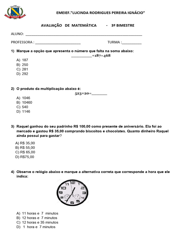 _avaliaçao de Matematica 3º Bimestre | PDF | Polígono