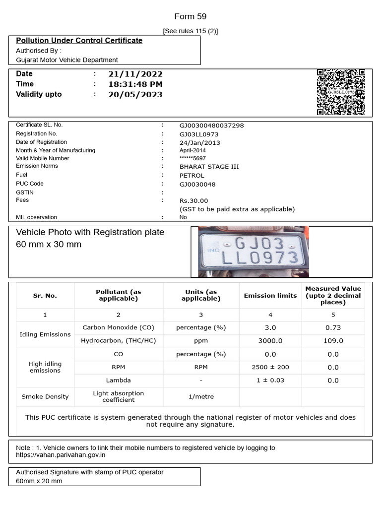 Pollution Under Control Certificate Form 59 PDF Exhaust Gas Vehicles