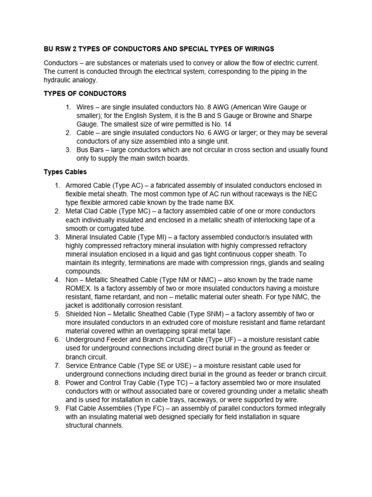 Bu RSW 2 Types of Conductors and Special Types of Wirings | Download