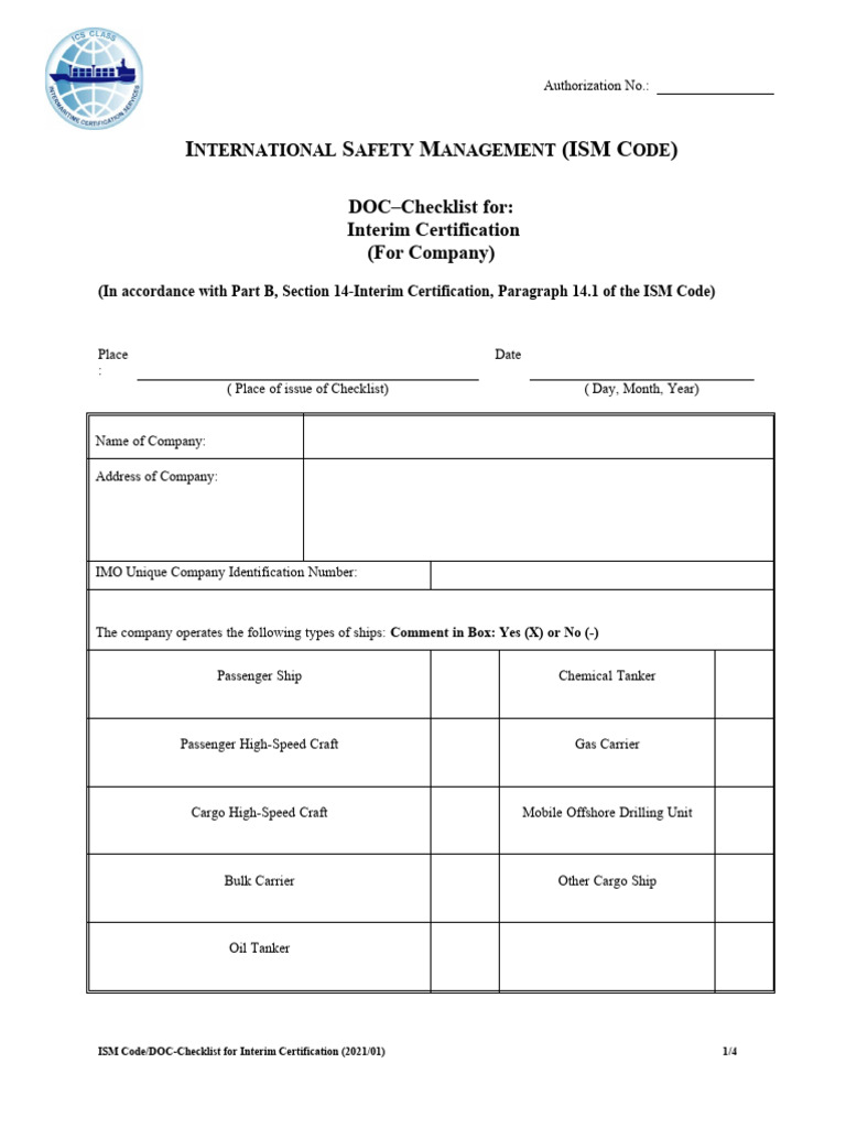 ISM Code DOC Checklist For Interim Certification 2021 01 | PDF | Audit ...