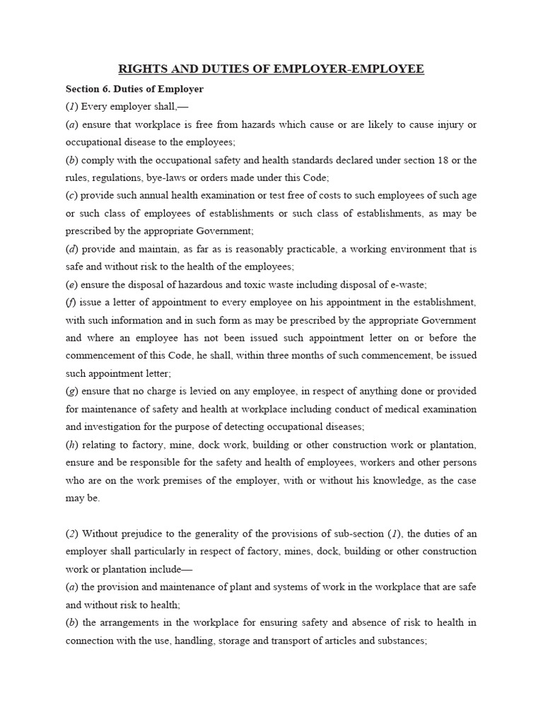 Rights And Duties Of Employer Employee Pdf Occupational Safety And