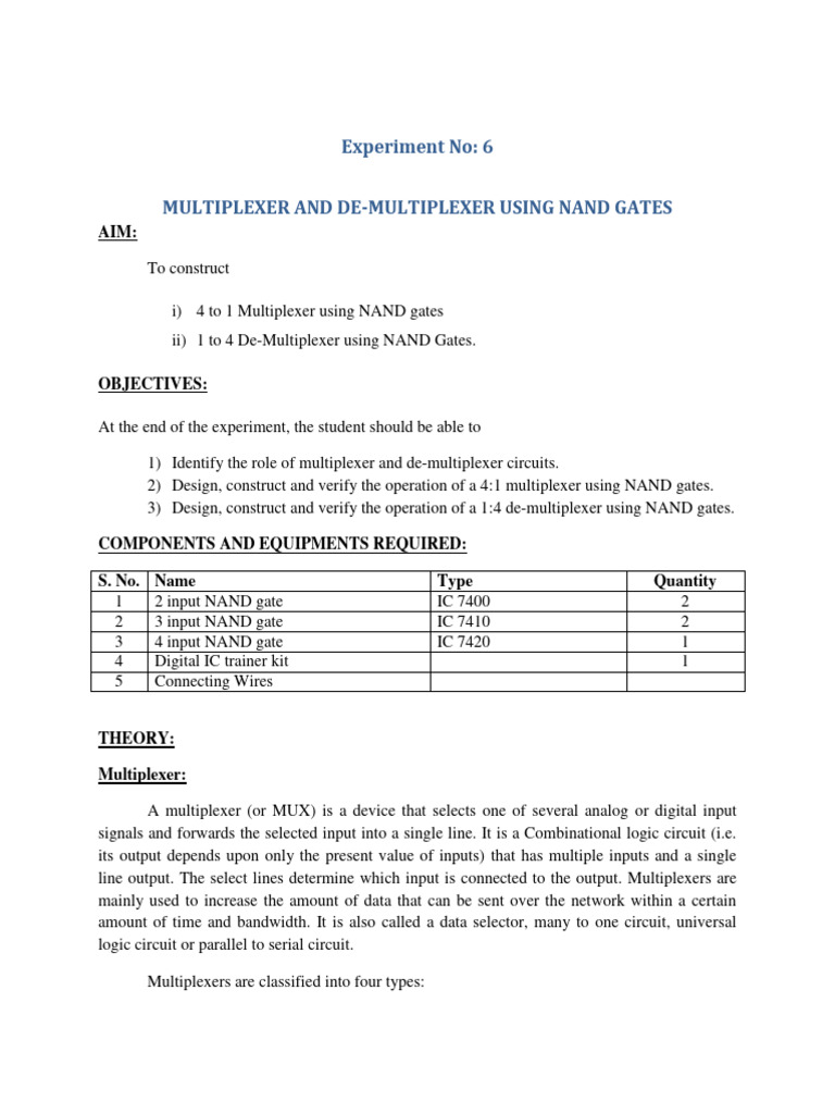 4:1 MUX and 1:4 DEMUX with NAND Gates | PDF | Computer Science ...