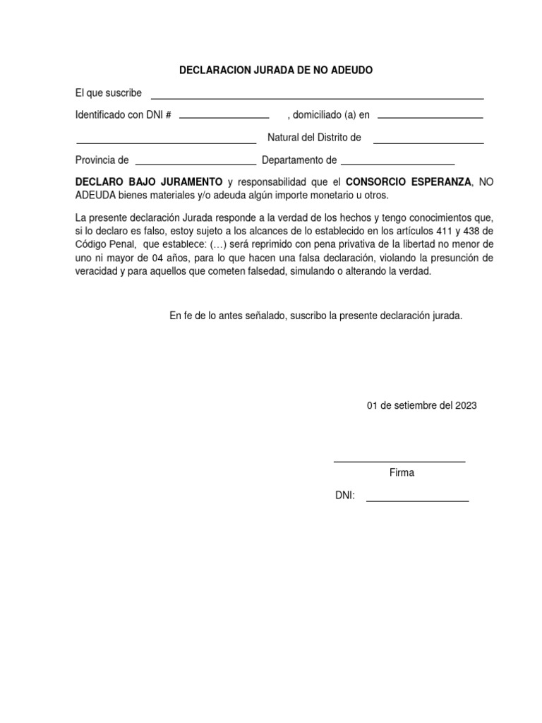 Declaracion Jurada de No Adeudo | PDF