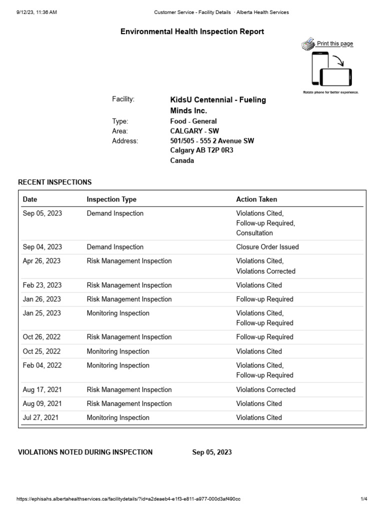 Alberta Health Services Sept. 5 Inspection Report PDF Pest Control
