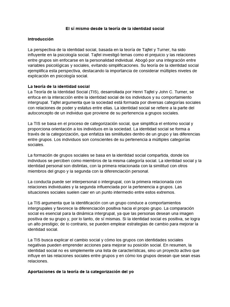 El Sí Mismo Desde La Teoría de La Identidad Social | PDF | Psicología ...