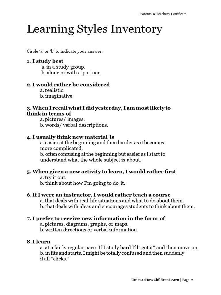 Learning Styles Inventory PDF Learning Learning Styles